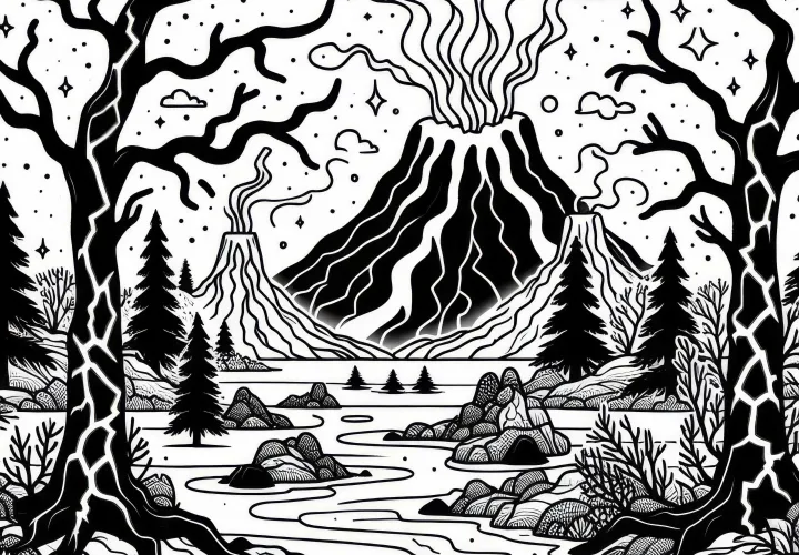 화산 경관과 검은 나무, 용암 호수의 빛나는 균열 - 무료 색칠하기 그림