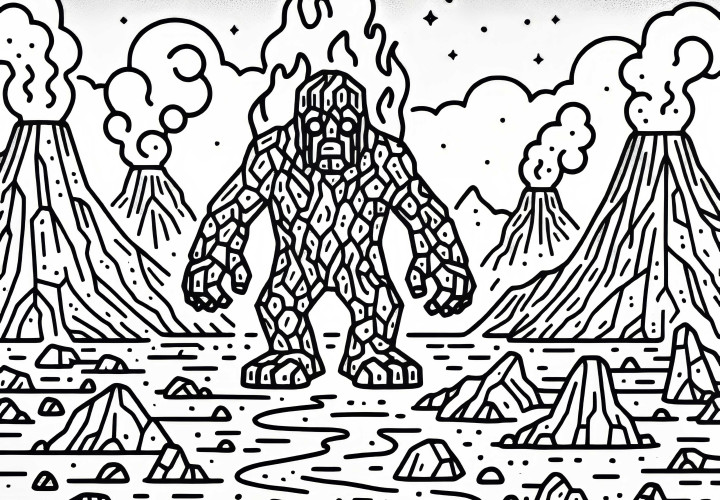 Вулканический пейзаж с огненным големом, который шагает по равнине из светящегося пепла – раскраска бесплатно