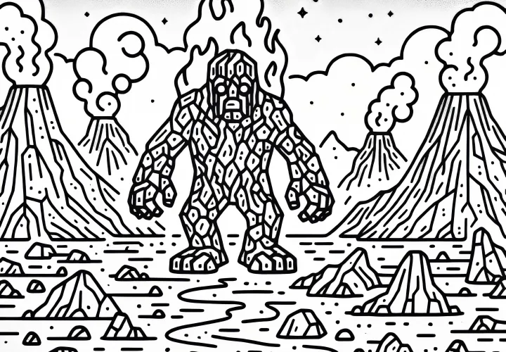 화산 풍경 속에서 타오르는 골렘이 타오르는 재의 평원을 걷고 있는 모습 - 무료 색칠하기 도안