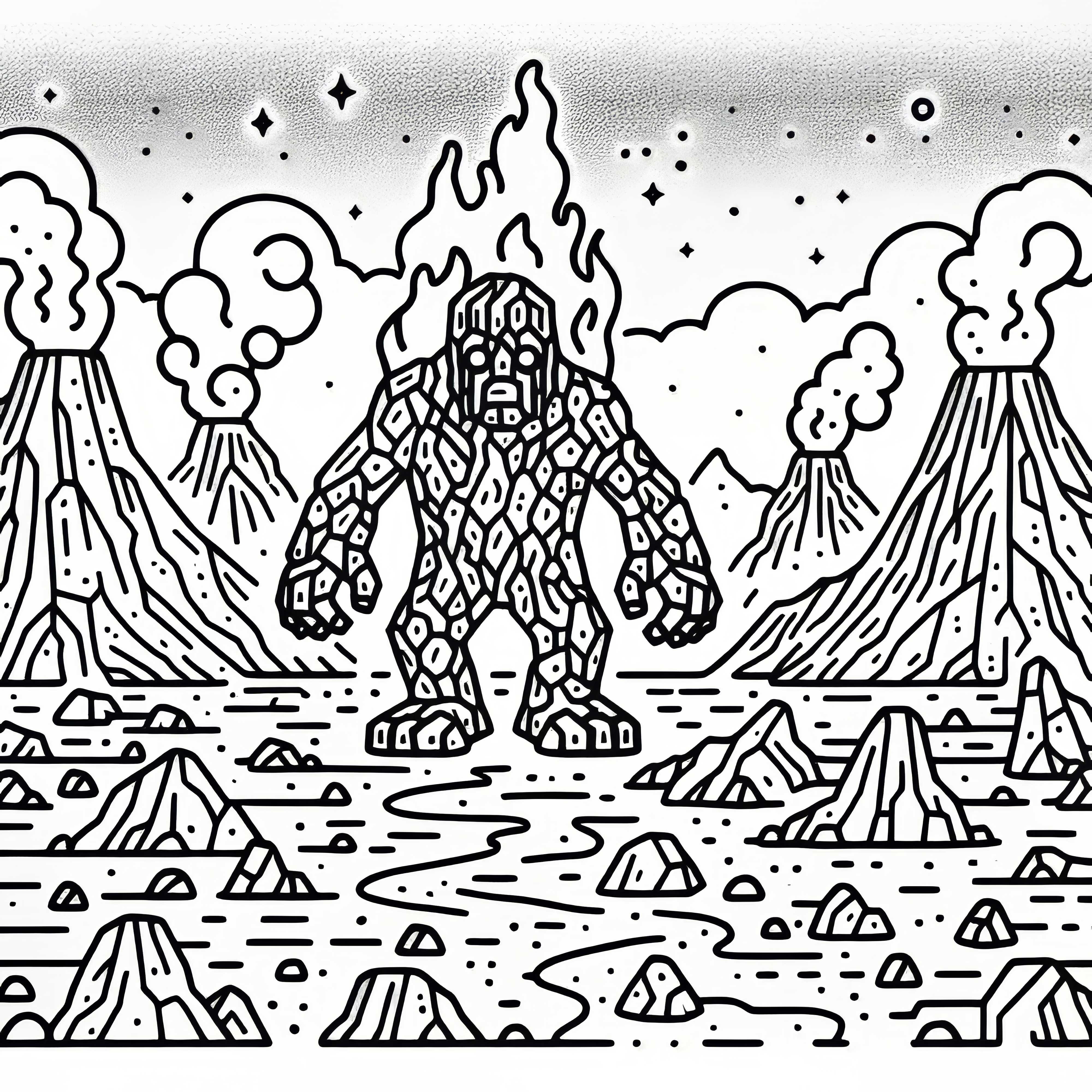 Vulkanlandschaft mit feurigem Golem, der durch eine Ebene aus gl&uuml;hender Asche schreitet &ndash; Ausmalbild gratis