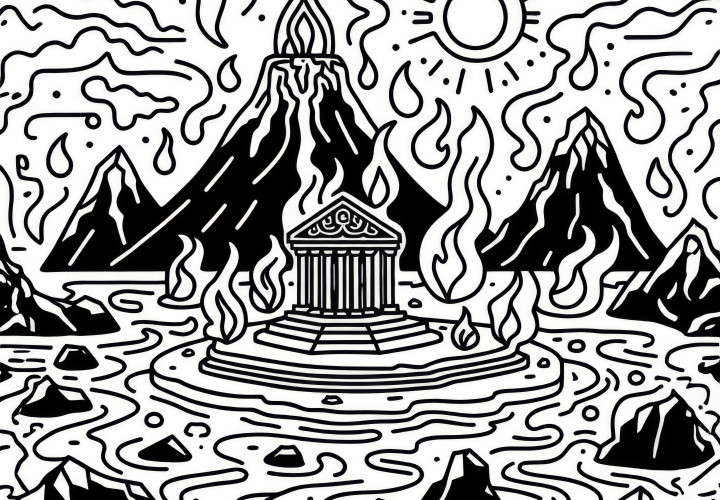 Вулканический ландшафт с храмом из обсидиана на острове посреди лавы – раскраска бесплатно