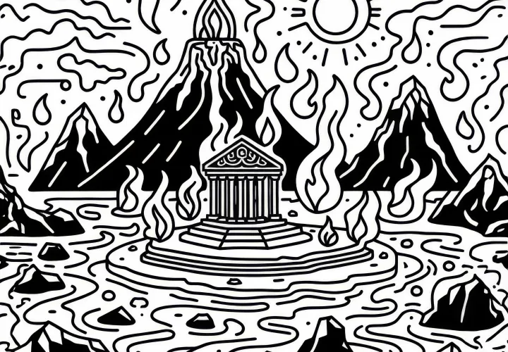 용암 한가운데 섬에 있는 흑요석 성전이 있는 화산경관 - 무료 색칠하기 이미?