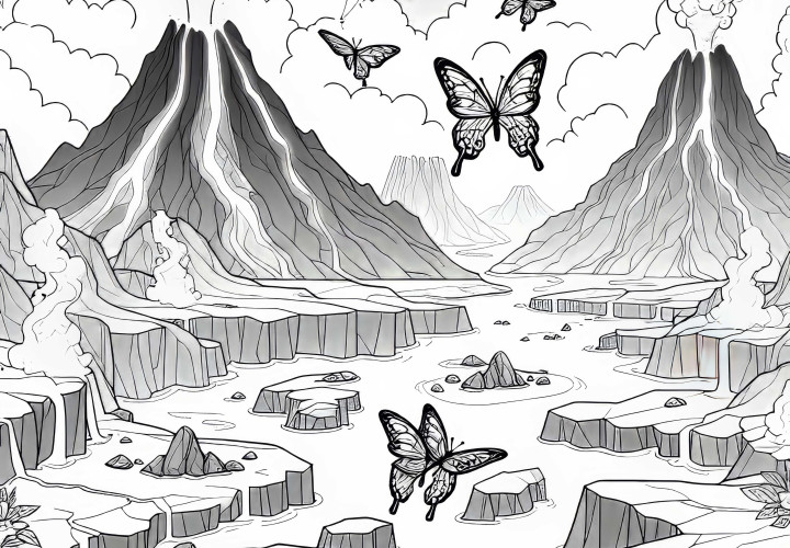 Вулканический ландшафт с магмовыми бабочками над трещиной в скале – Раскраска бесплатно
