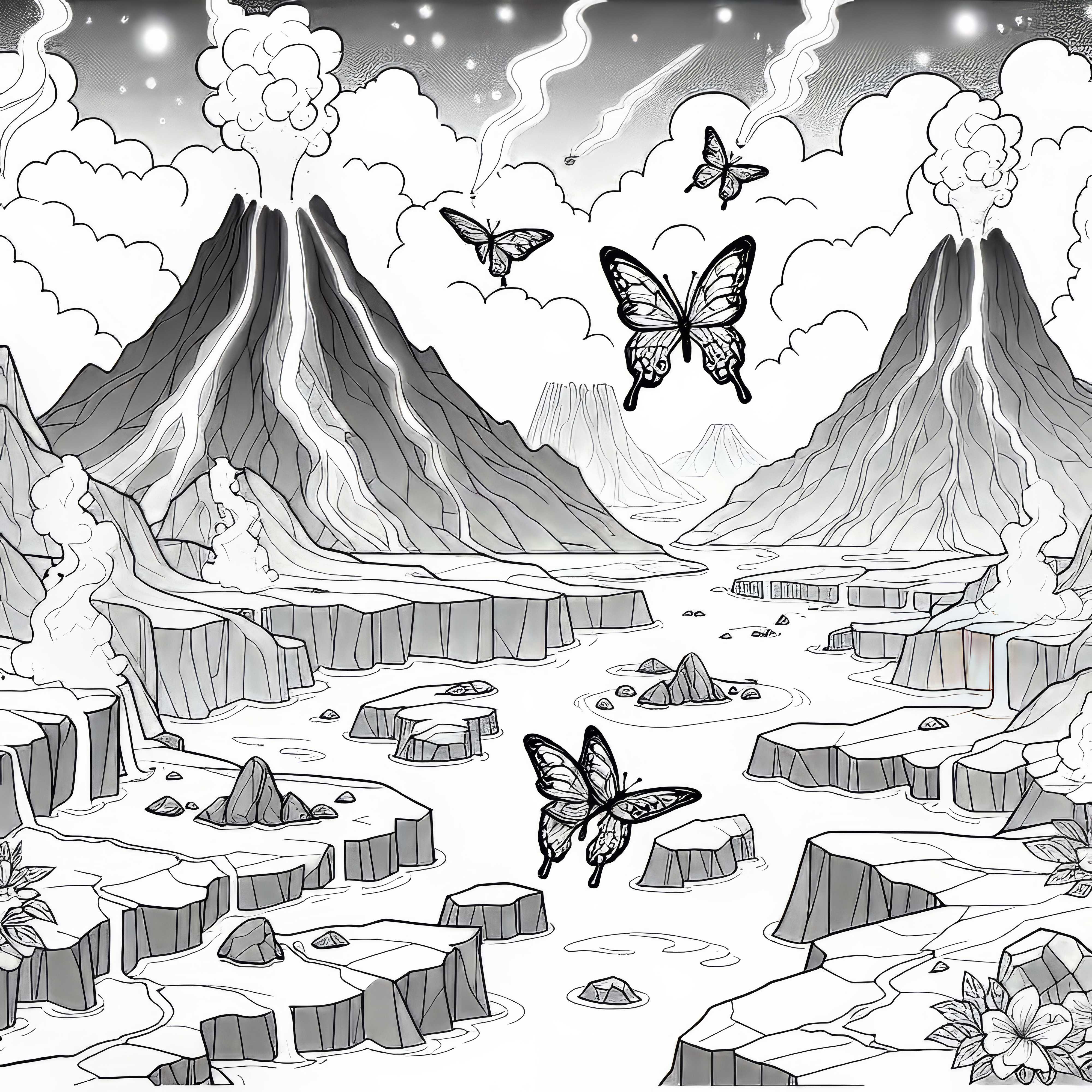 Vulkanlandschaft mit Magmaschmetterlingen &uuml;ber Felsspalte &ndash; Ausmalbild kostenlos