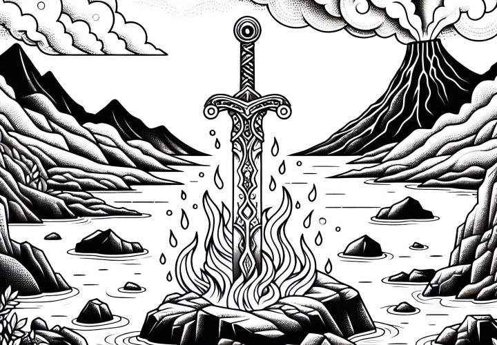 Вулканический ландшафт с древним мечом, втыкающимся в скальную формацию, окружённым раскалённой лавой – бесплатный раскраски