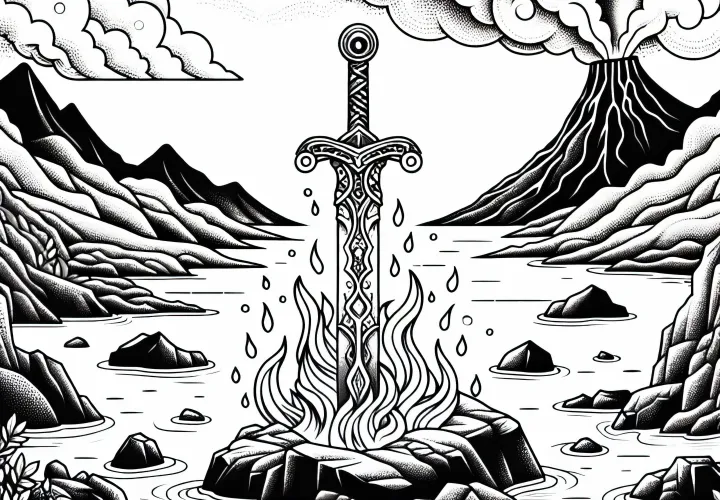 화산 경치와 뜨거운 용암에 둘러싸인 바위 틈에 꽂힌 오래된 검 – 무료 색칠 도안