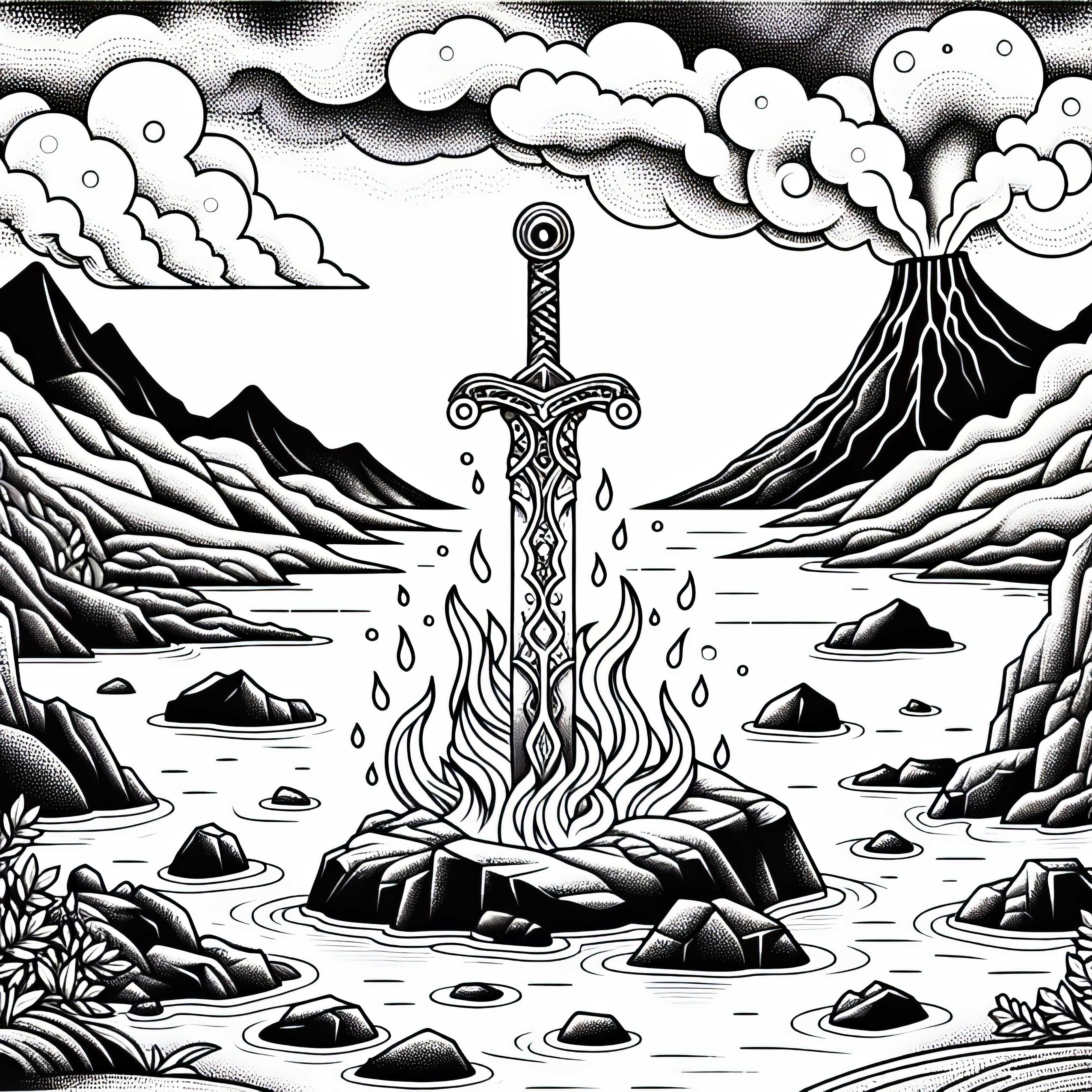 Vulkanlandschaft mit altem Schwert, das in einer Felsformation steckt, umgeben von Glut &ndash; Malvorlage gratis