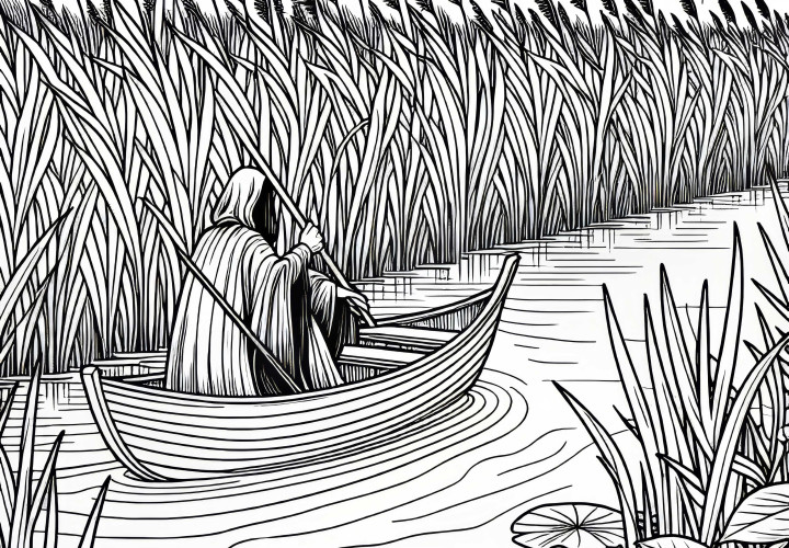Myrområde: En båt glir gjennom tette sivganger – Fargeleggingsbilde gratis
