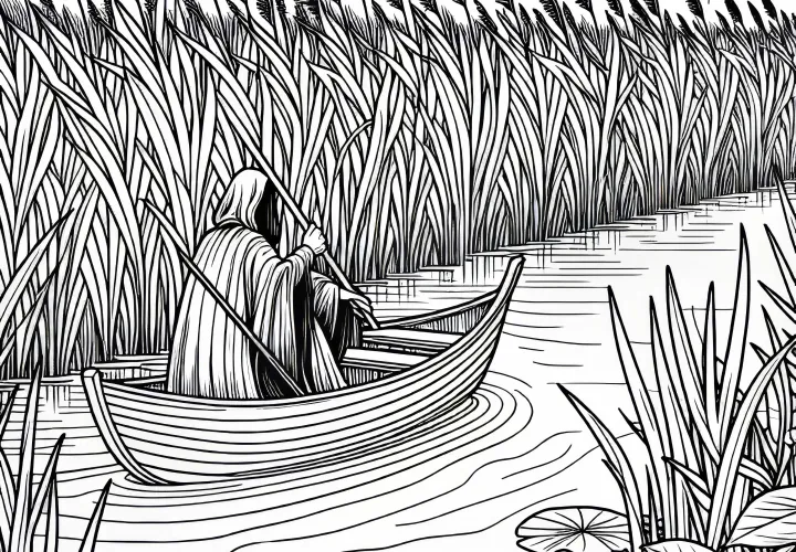 Mokrišča: Čoln pluje skozi gosto trstičje – Brezplačna slika za pobarvanje
