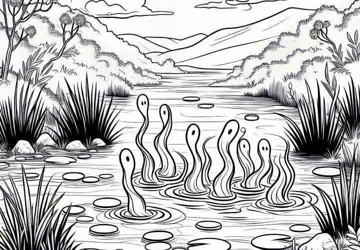 Myromrland med spøkelser som stiger opp fra uklart vann – Fargeleggingsmal