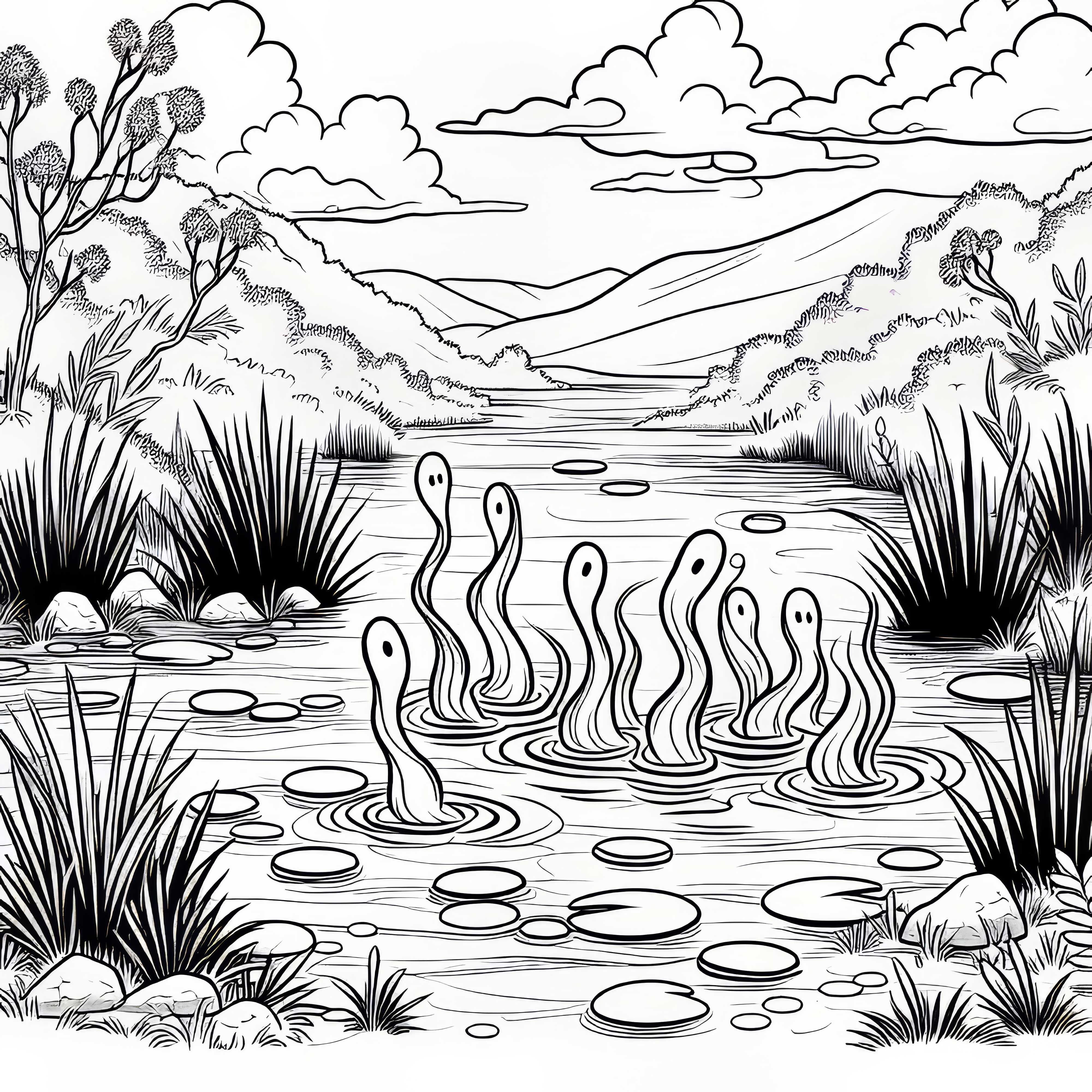 Myromlandskap med lyktor som stiger opp fra uklart vann &ndash; Fargeleggingsmal for gratis