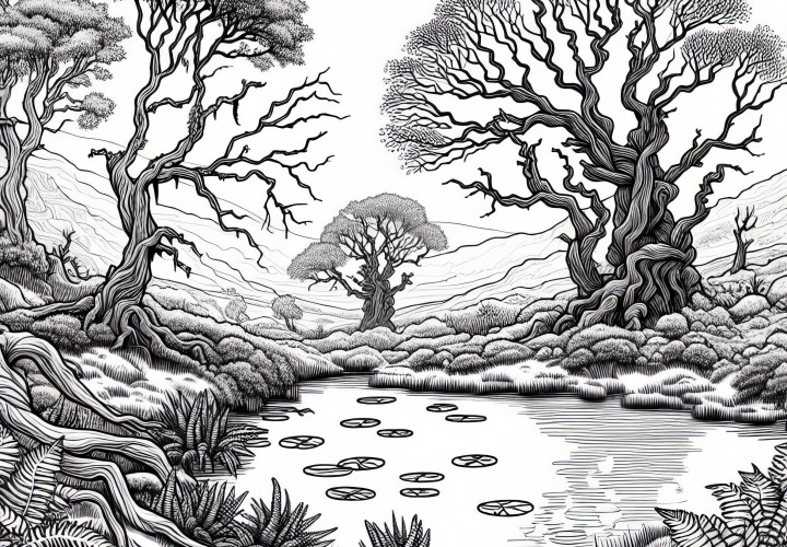 Myrlandskap med knotete trær - Malingsmal for fargelegging