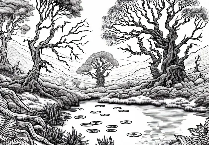 Močvirna pokrajina z gubastimi drevesi - slika za pobarvanje