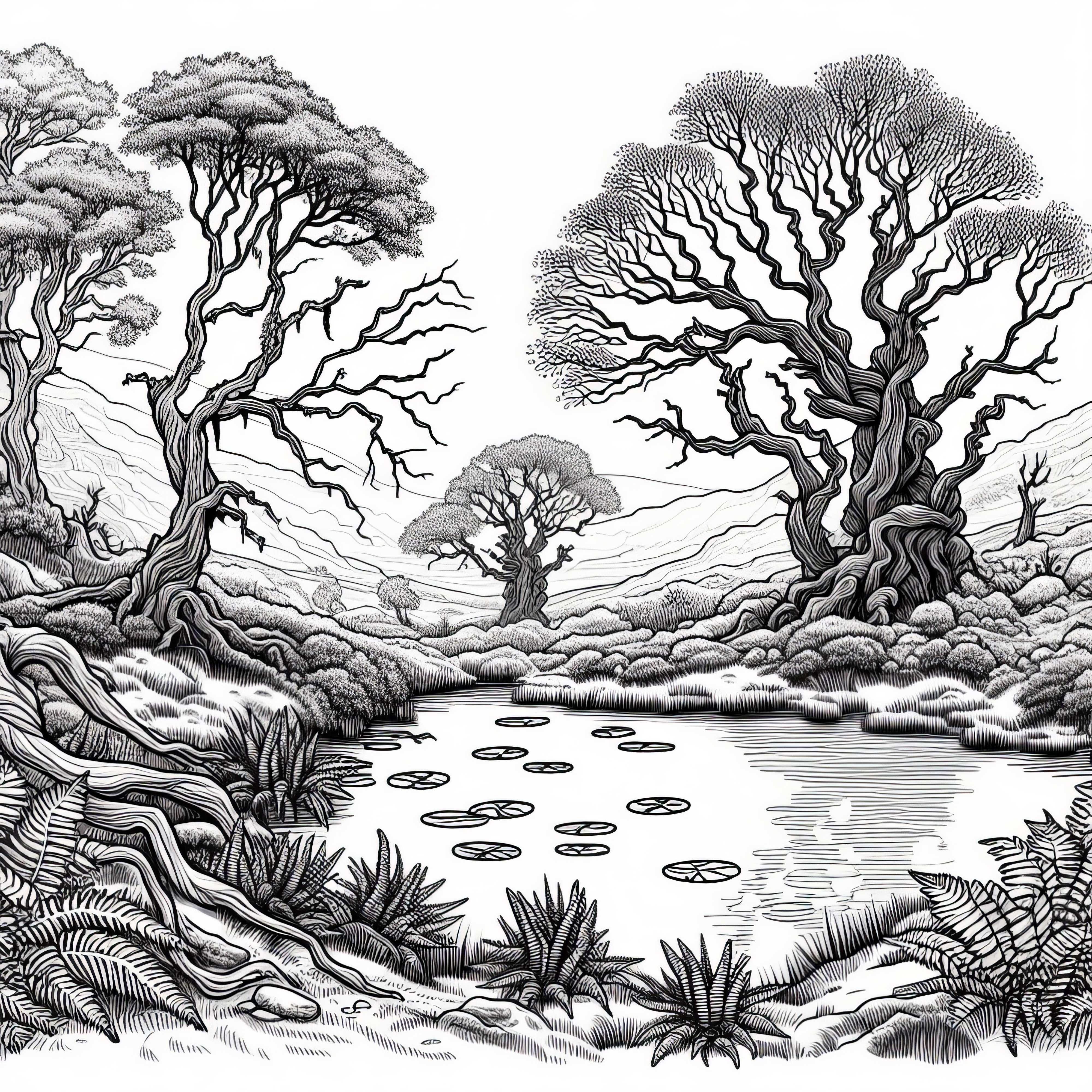 Moorscape with gnarled trees - Coloring template for coloring