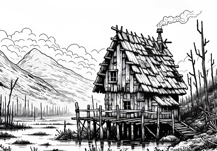 Myrområdet med en forfallen hytte på stilter over myra - Maleblad gratis