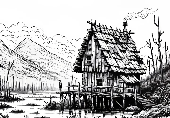 Močvirna pokrajina z razpadlo kočo na stebrih nad močvirjem - barvna predloga brezplačno