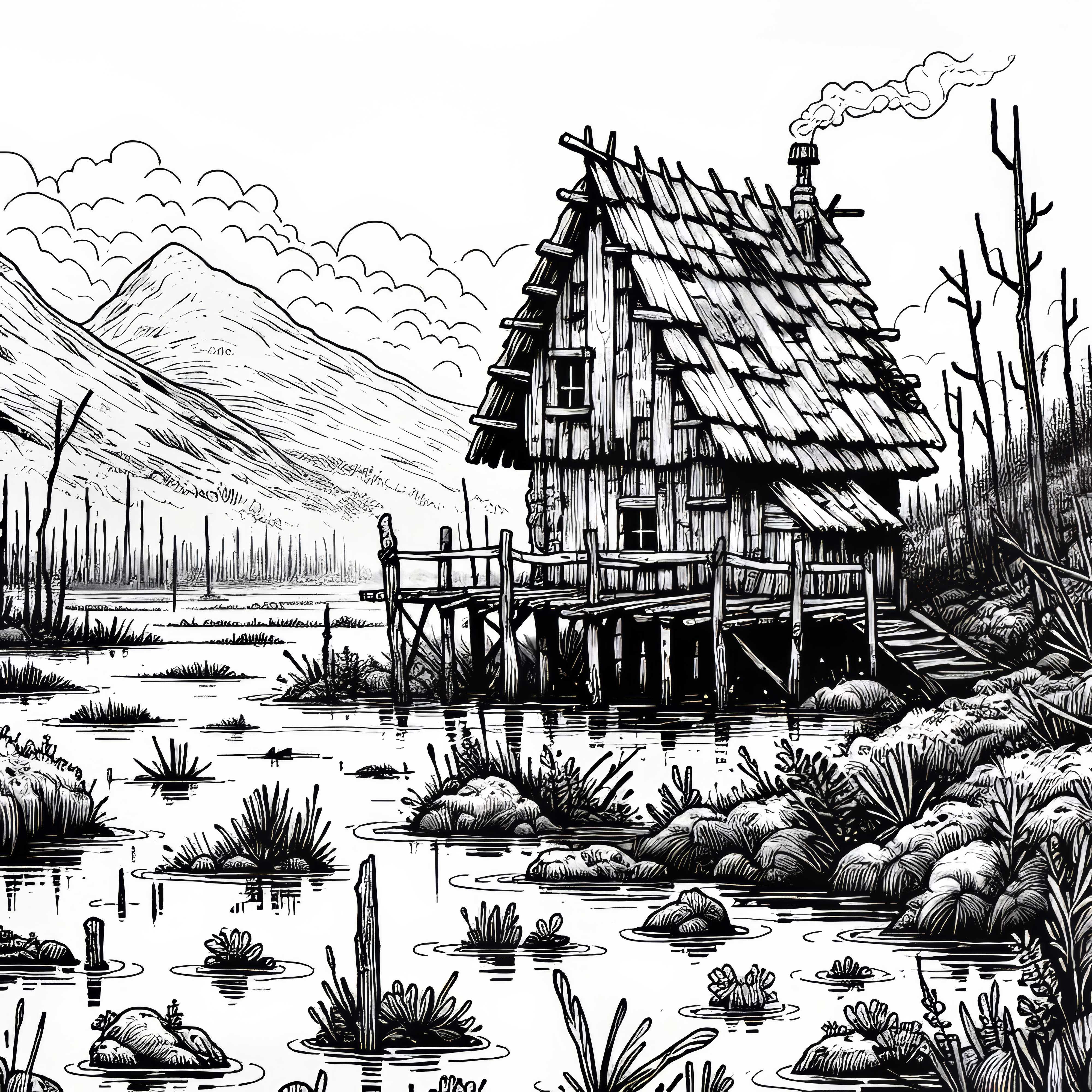 Paisagem de charneca com cabana em ru&iacute;nas sobre estacas acima do p&acirc;ntano - Modelo de colorir gratuito