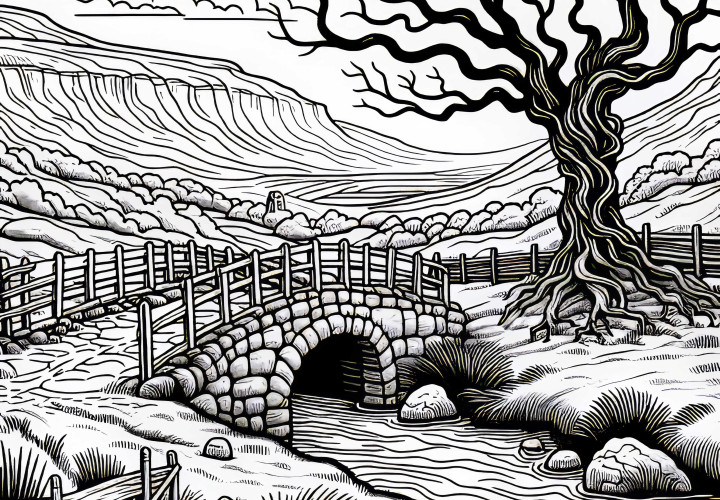 Myrlandskap med gammel bro fører til forbannet tre - Fargeleggingsbilde gratis