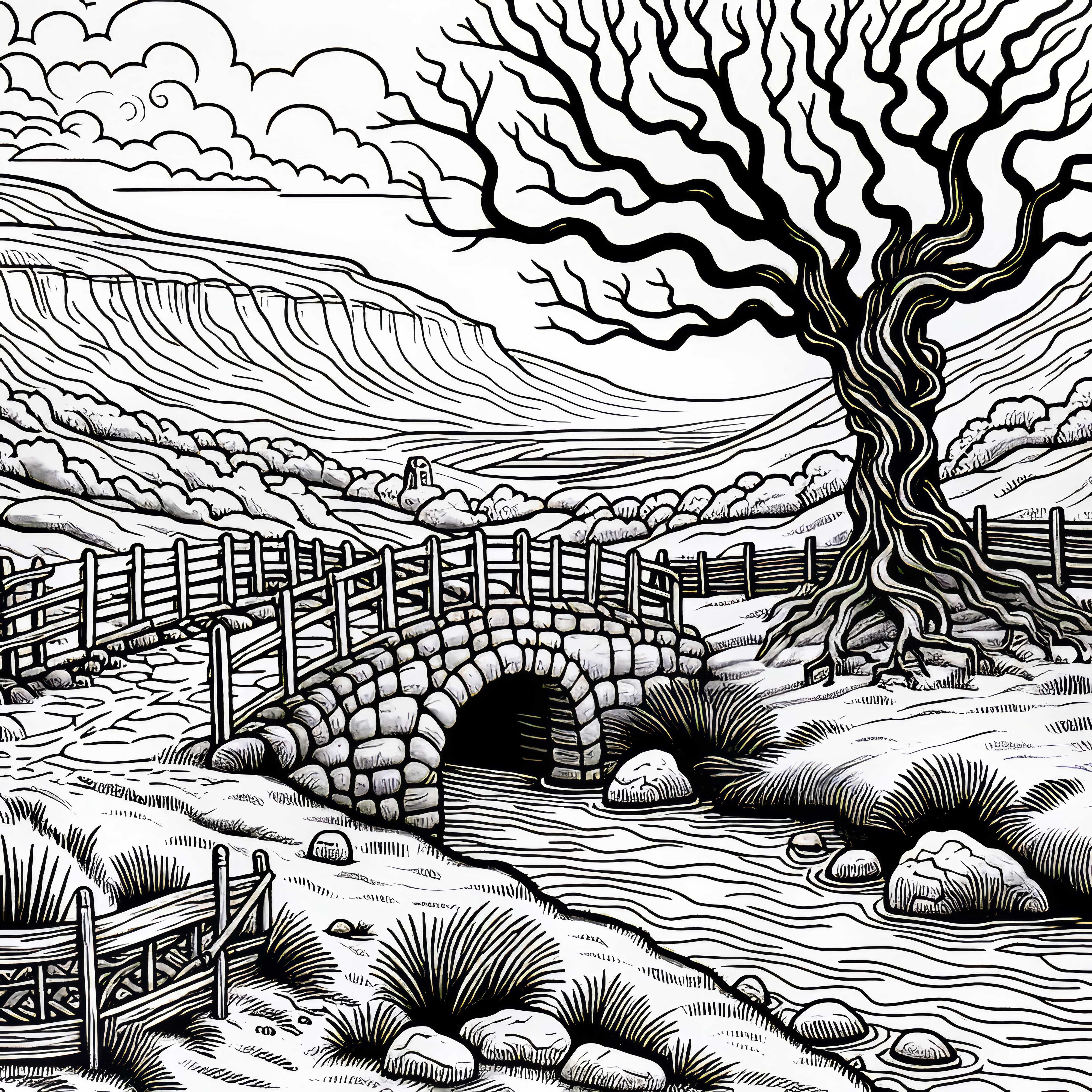 Myrlandskap med gammel bru f&oslash;rer til forbannet tre &ndash; Fargeleggingsbilde gratis