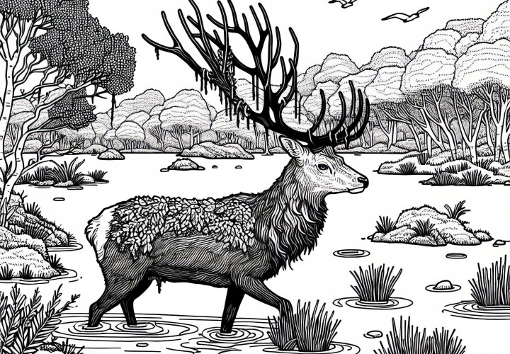 Myrlandskap med hjort som stille går gjennom vannet – Gratis fargeleggingsbilde