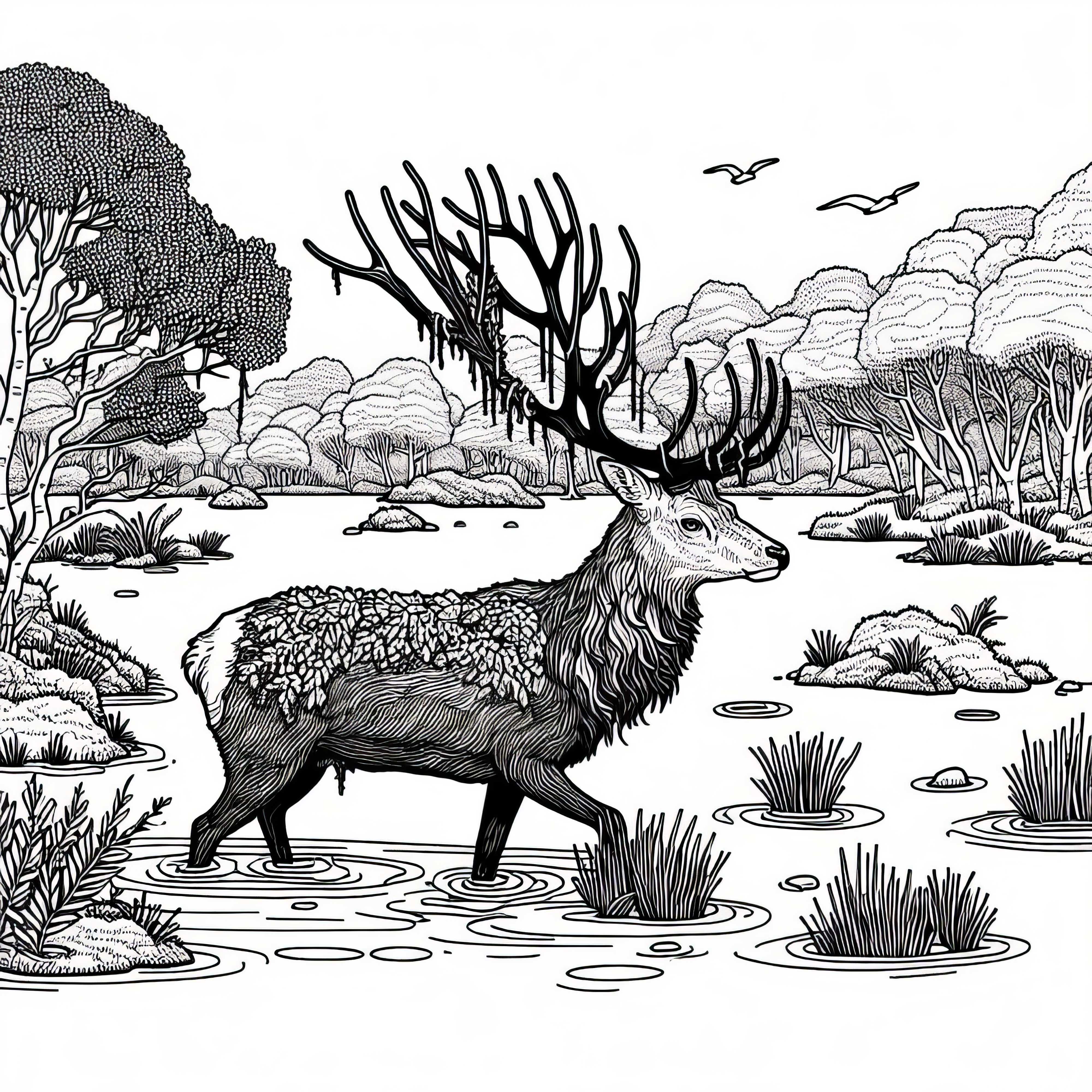 모렐랜드 풍경, 소리 없이 물속을 걷는 사슴 &ndash; 무료로 색칠할 수 있는 그림