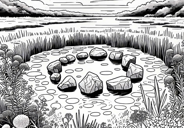 Hedland med skjult sirkel av steiner i hjertet av myra – Fargeleggingsbilde gratis