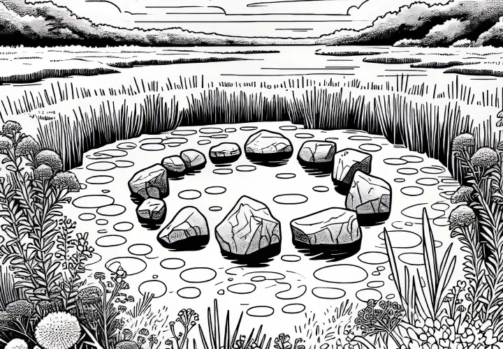 Močvirna pokrajina s skritim krogom iz kamnov sredi močvirja – brezplačna slika za barvanje