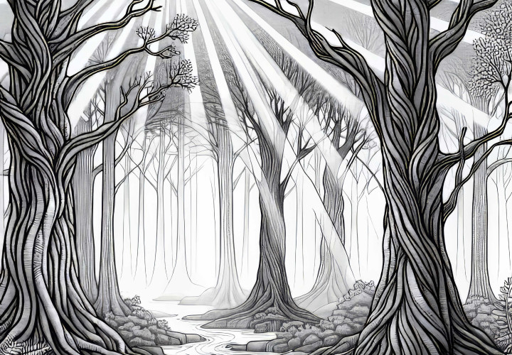 Mystischer Nebelwald: Lichtstrahlen Durchbrechen Dichten Nebel Zwischen Uralten Bäumen – Malvorlage Gratis