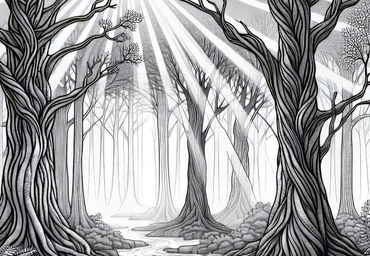 Mystischer Nebelwald: Lichtstrahlen Durchbrechen Dichten Nebel Zwischen Uralten Bäumen – Malvorlage Gratis