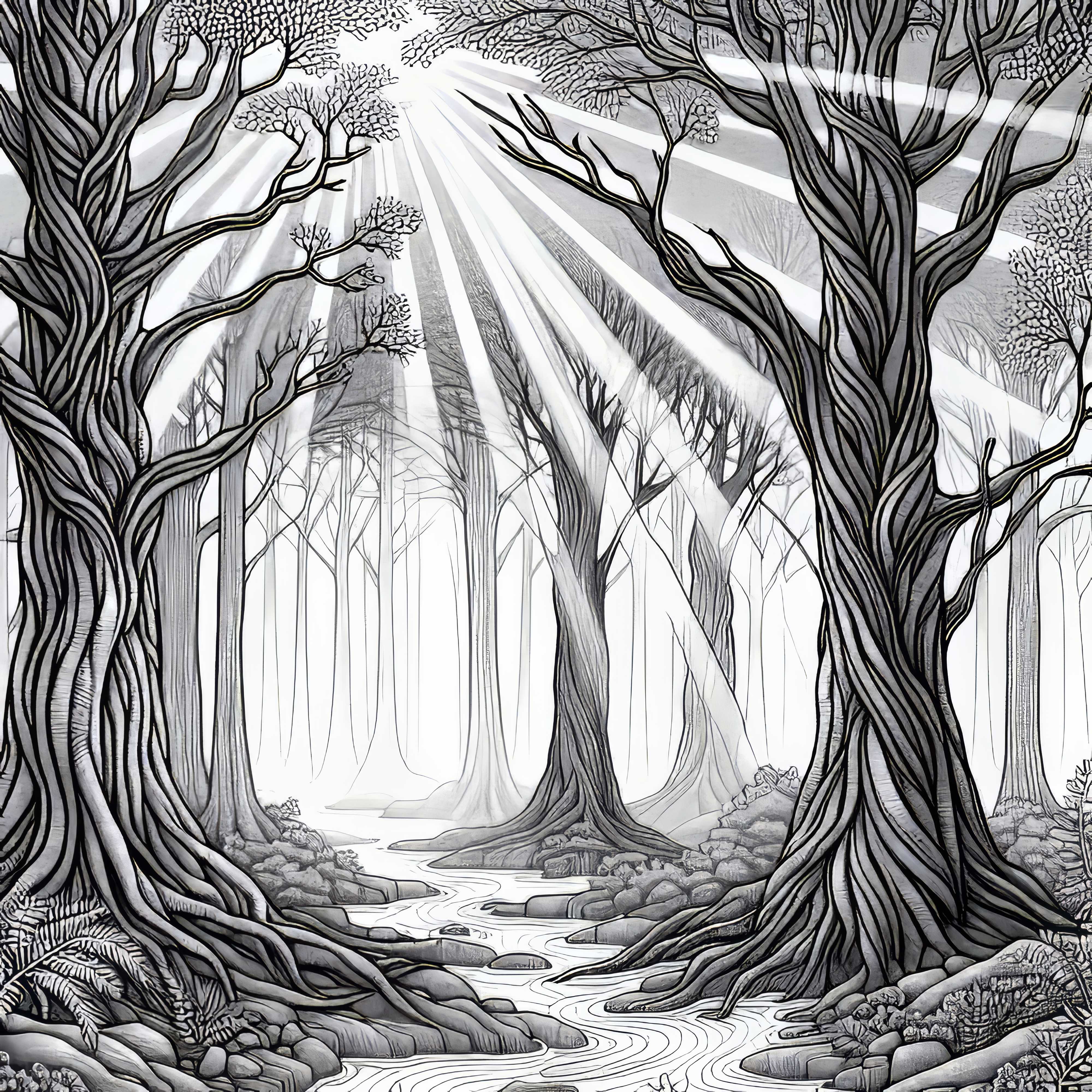 Mystischer Nebelwald: Lichtstrahlen Durchbrechen Dichten Nebel Zwischen Uralten B&auml;umen &ndash; Malvorlage Gratis