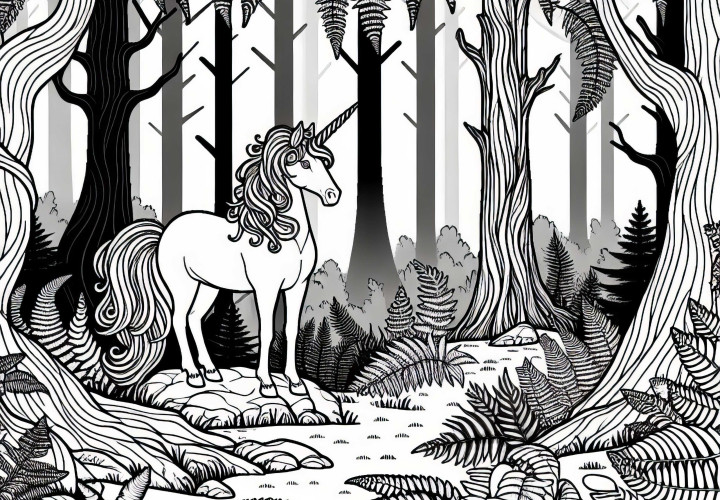 Mystischer Nebelwald: Einhorn Steht Zwischen Farnen – Ausmalbild Kostenlos