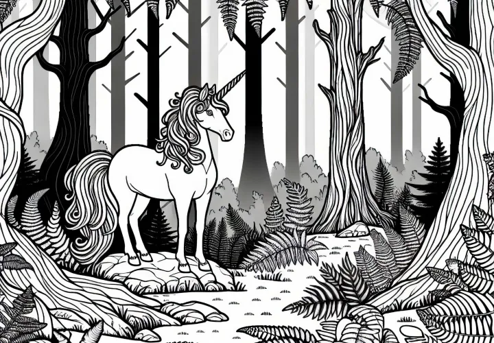Mystischer Nebelwald: Einhorn Steht Zwischen Farnen – Ausmalbild Kostenlos
