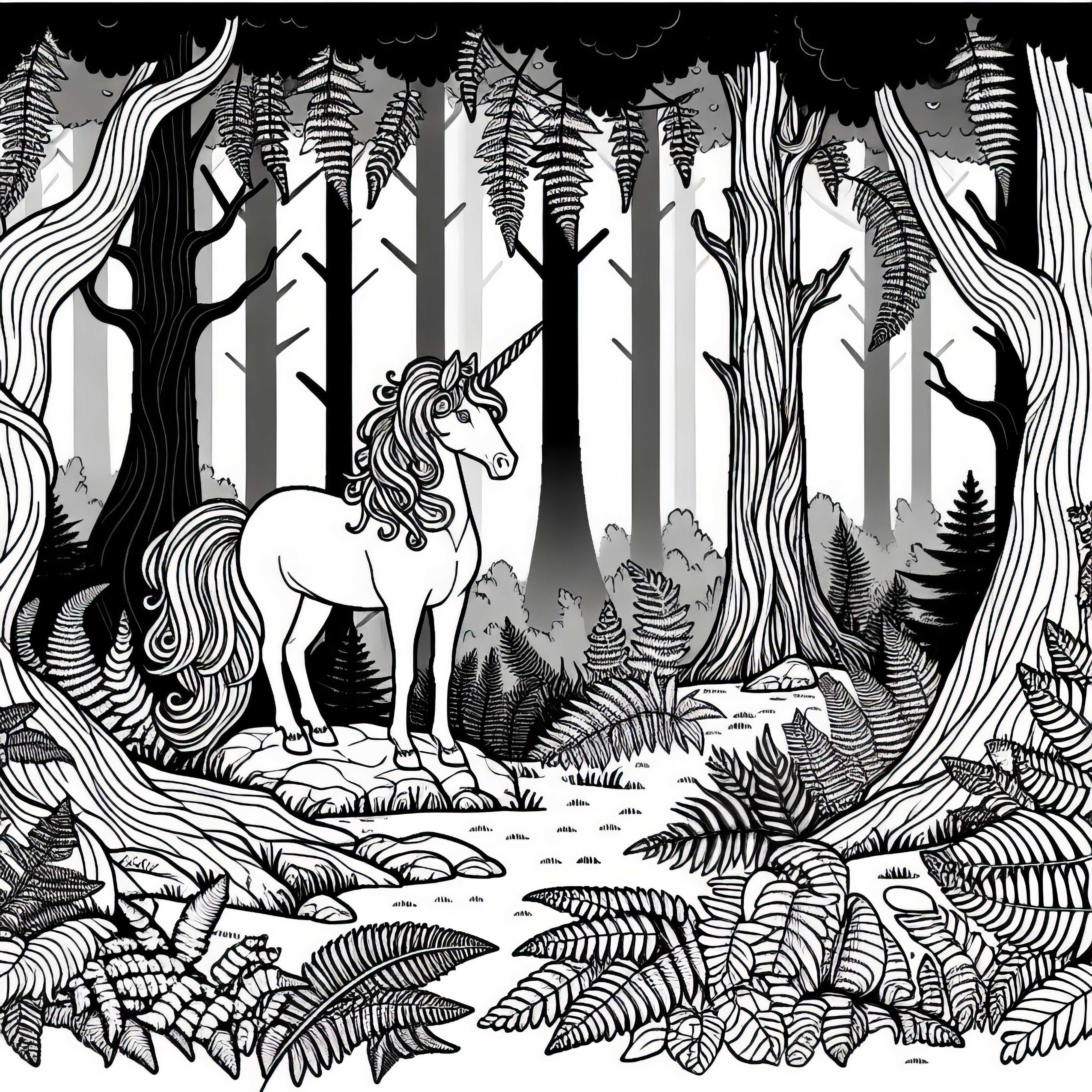 Mystischer Nebelwald: Einhorn Steht Zwischen Farnen &ndash; Ausmalbild Kostenlos