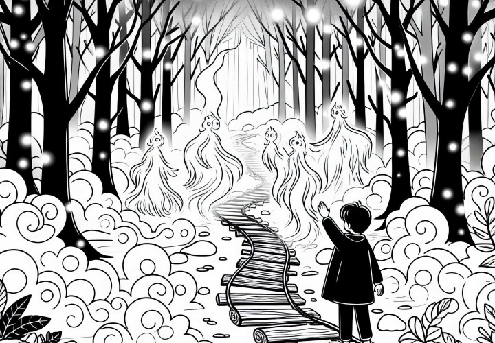 Mystischer Nebelwald: Kind begegnet Waldgeistern – Ausmalbild kostenlos