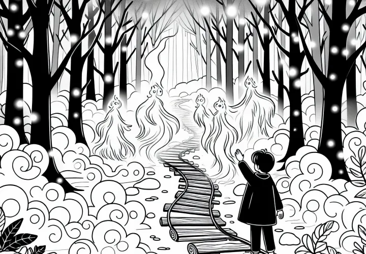 Mystischer Nebelwald: Kind begegnet Waldgeistern – Ausmalbild kostenlos