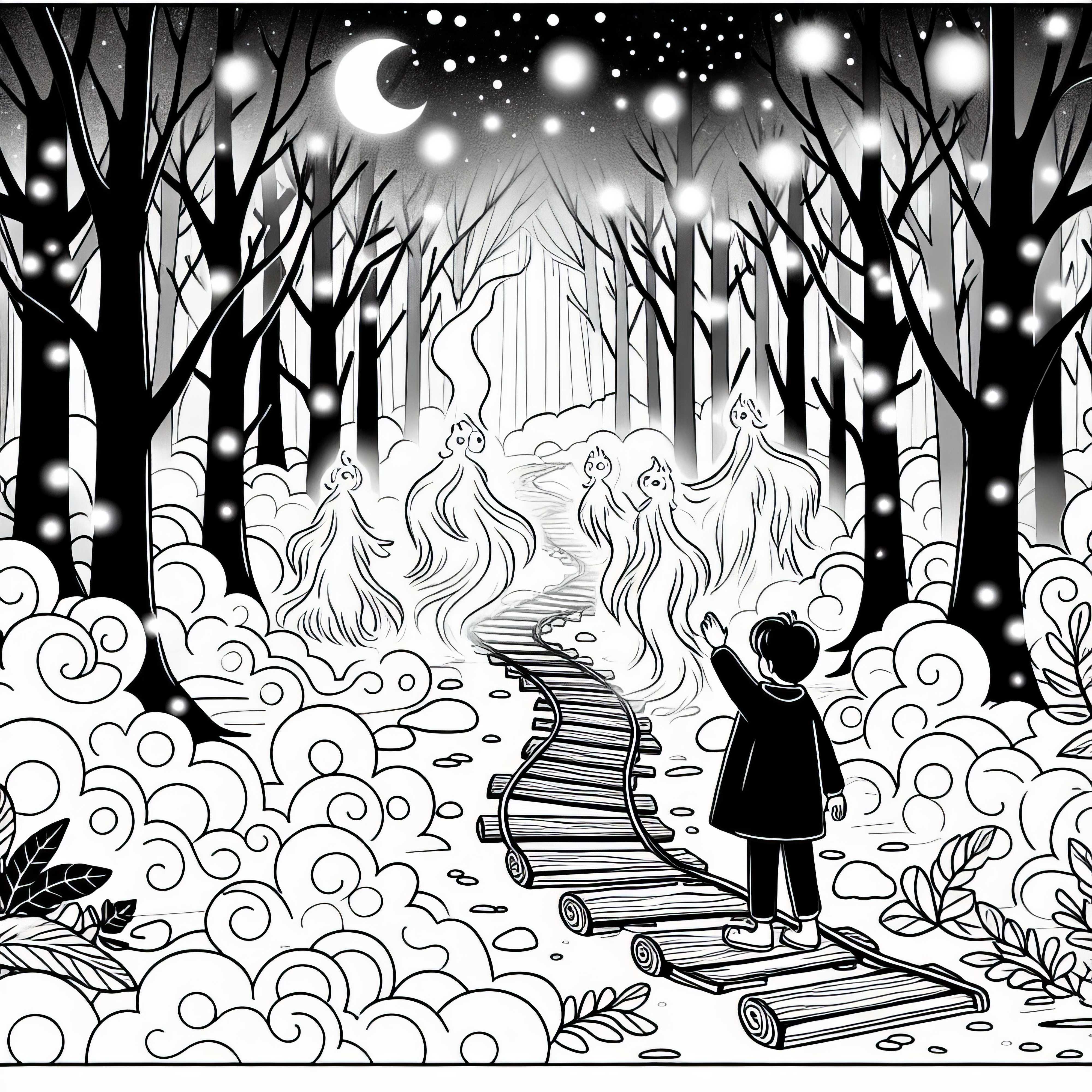 Mystischer Nebelwald: Kind begegnet Waldgeistern &ndash; Ausmalbild kostenlos