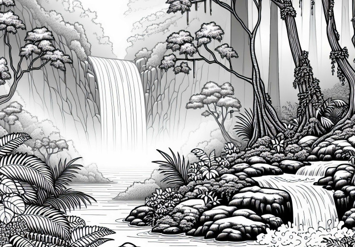 Mystischer Nebelwald mit Wasserfall, der im Nebel verschwindet – Malvorlage gratis