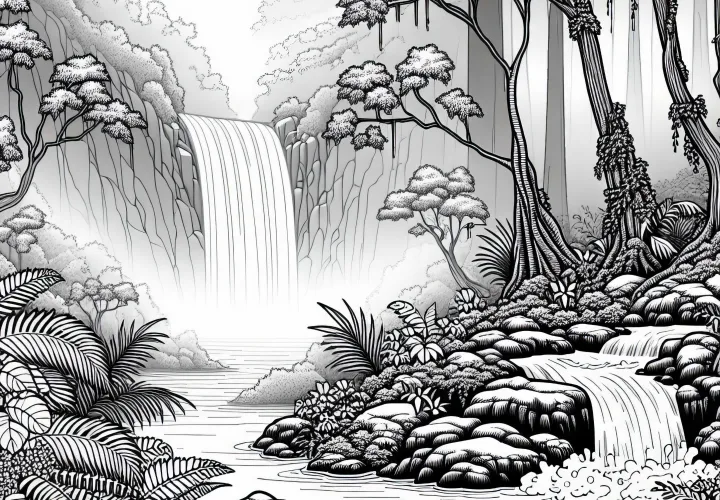 Mystischer Nebelwald mit Wasserfall, der im Nebel verschwindet – Malvorlage gratis