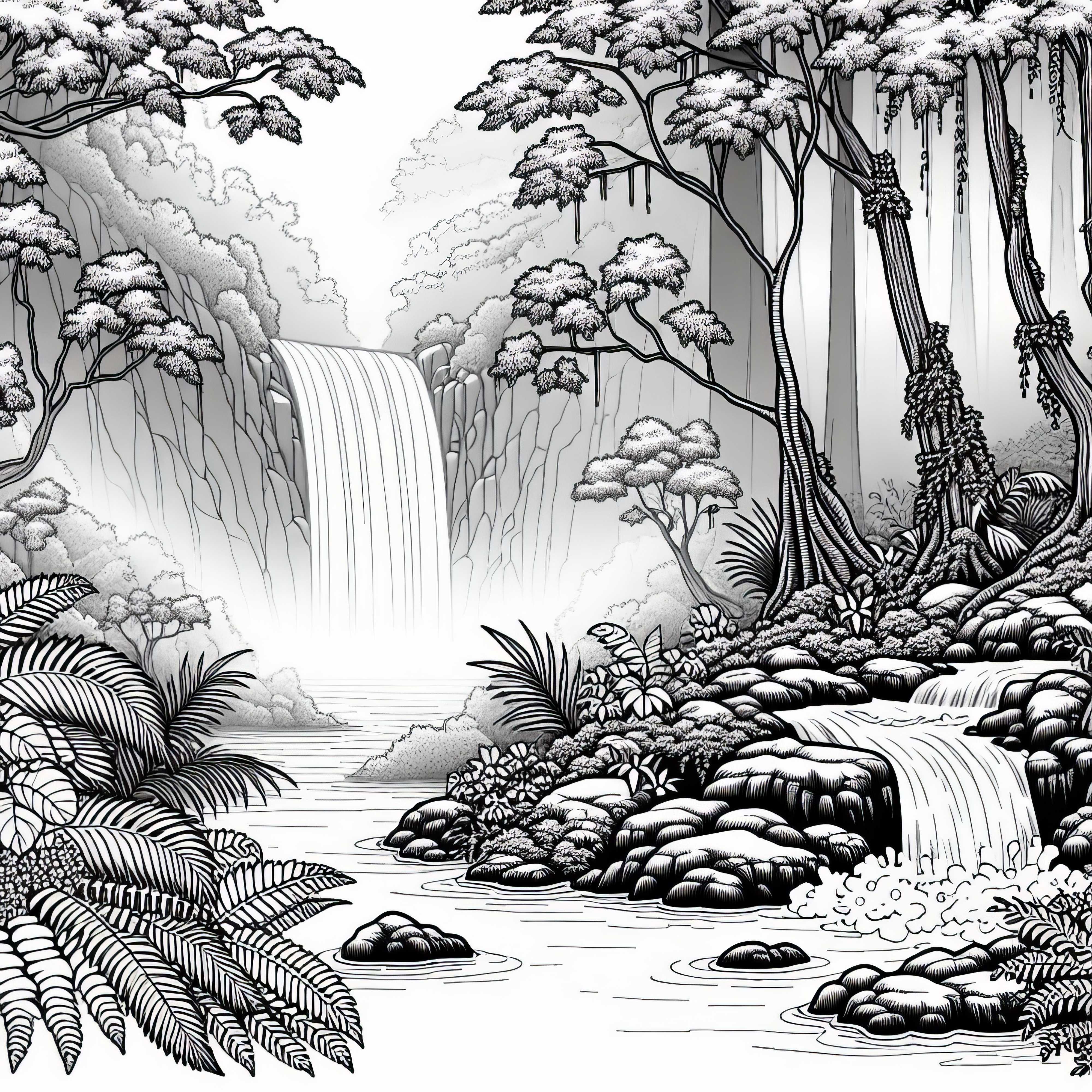 Mystischer Nebelwald mit Wasserfall, der im Nebel verschwindet &ndash; Malvorlage gratis