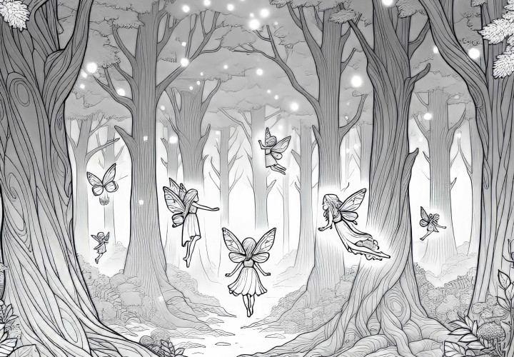 Mystischer Nebelwald mit feen, die zwischen dicken Bäumen fliegen