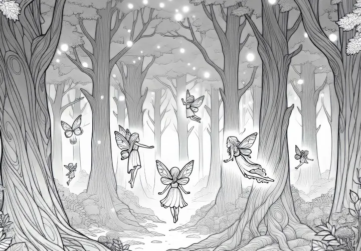 Mystischer Nebelwald mit feen, die zwischen dicken Bäumen fliegen