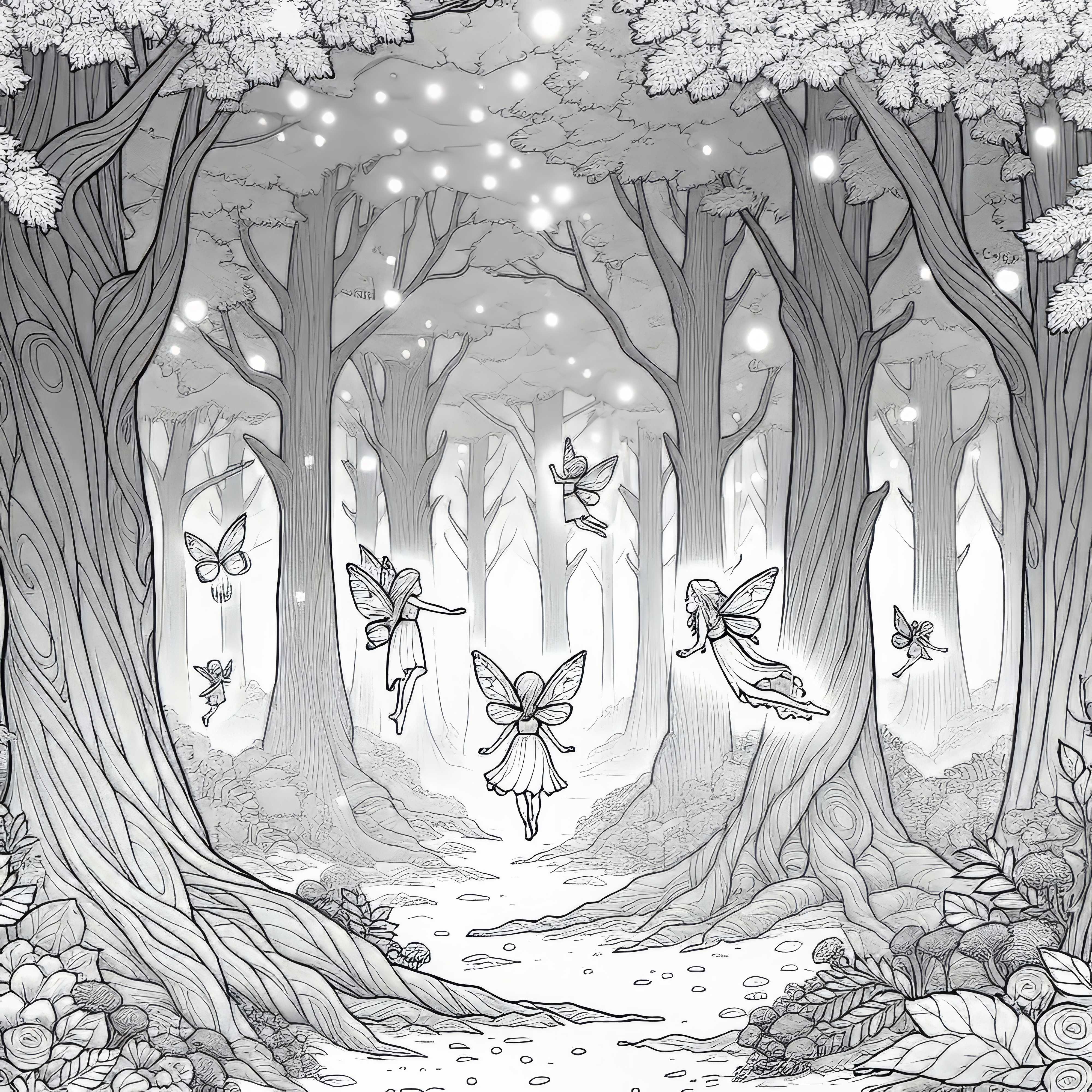 Mystischer Nebelwald mit feen, die zwischen dicken B&auml;umen fliegen