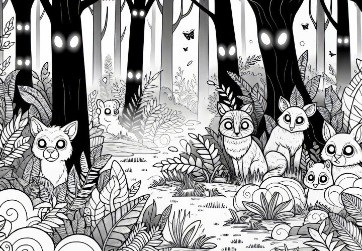 Mystischer Nebelwald: Tiere mit leuchtenden Augen schauen aus dem Unterholz – Malvorlage gratis