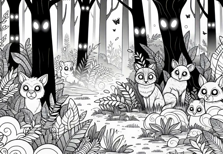 Mystischer Nebelwald: Tiere mit leuchtenden Augen schauen aus dem Unterholz – Malvorlage gratis