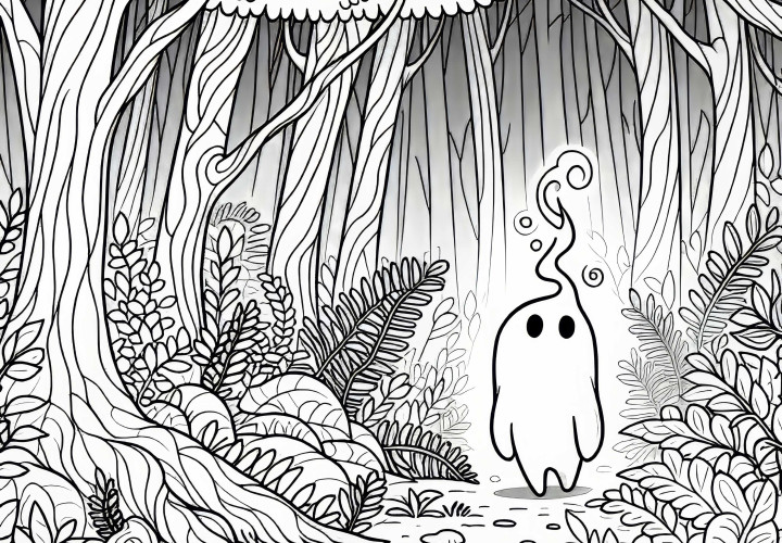 Mystischer Nebelwald mit kleinem Lichtwesen auf Lichtung – Ausmalbild kostenlos