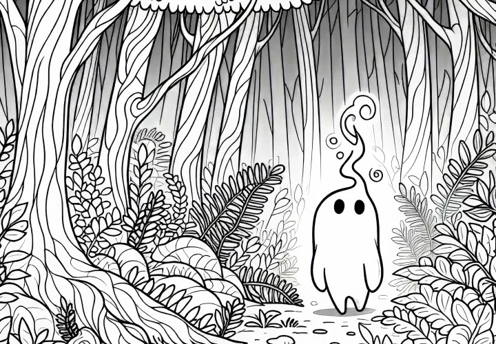 Mystischer Nebelwald mit kleinem Lichtwesen auf Lichtung – Ausmalbild kostenlos