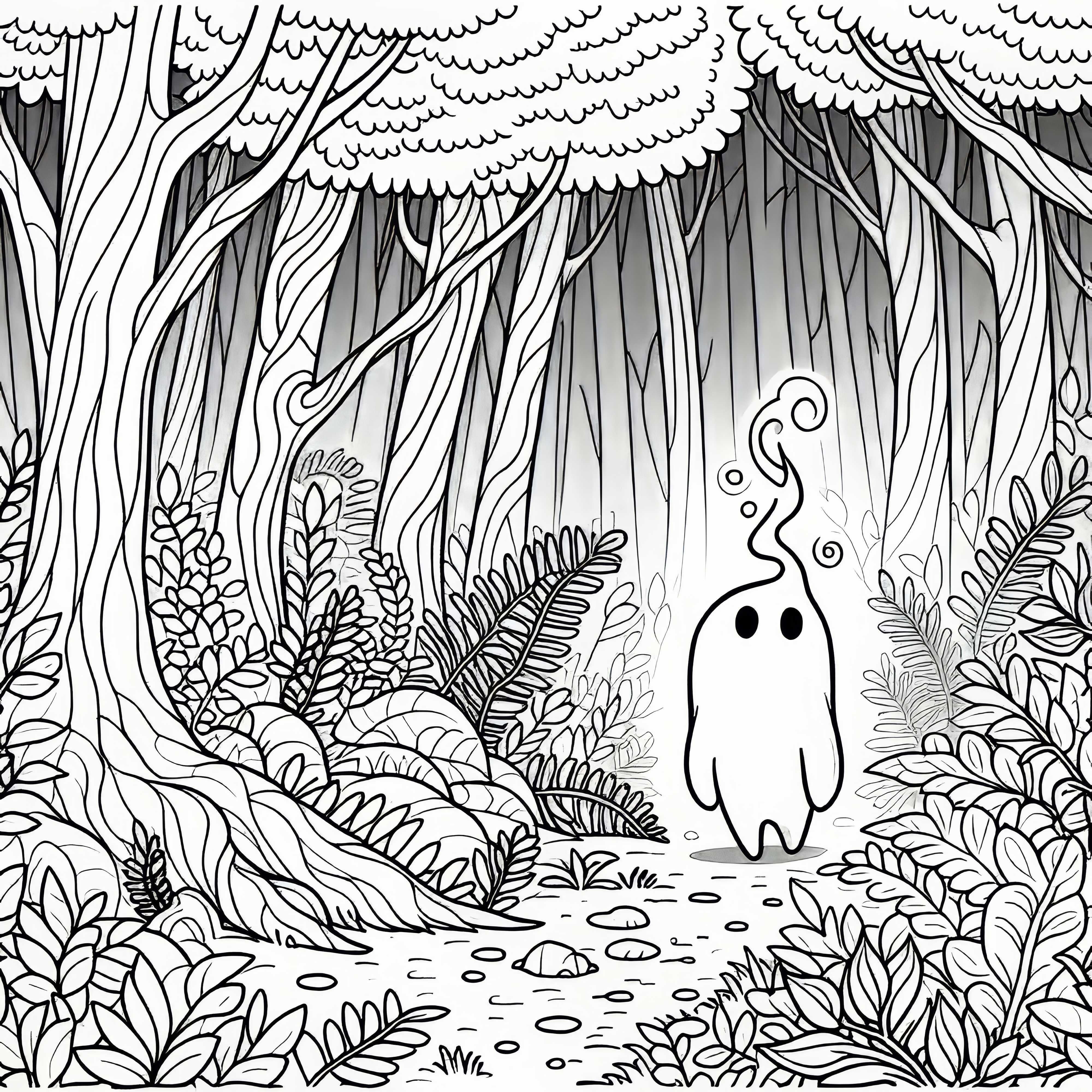 Mystischer Nebelwald mit kleinem Lichtwesen auf Lichtung &ndash; Ausmalbild kostenlos