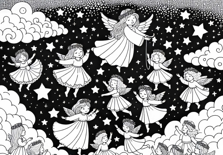 Himmelrike: Barn danser på teddy-lignende skyveier mellom stjernene – Fargelegg bilde gratis