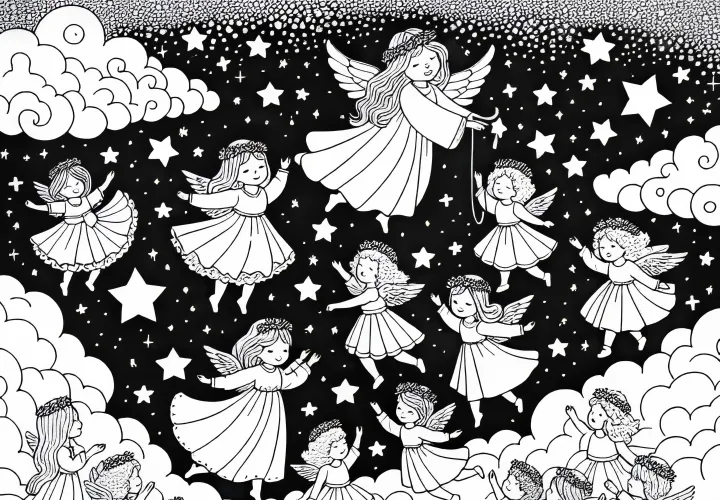 Mennyei birodalom: Gyermekek táncolnak a bolyhos felhőutakon csillagok között – Ingyenes színező kép
