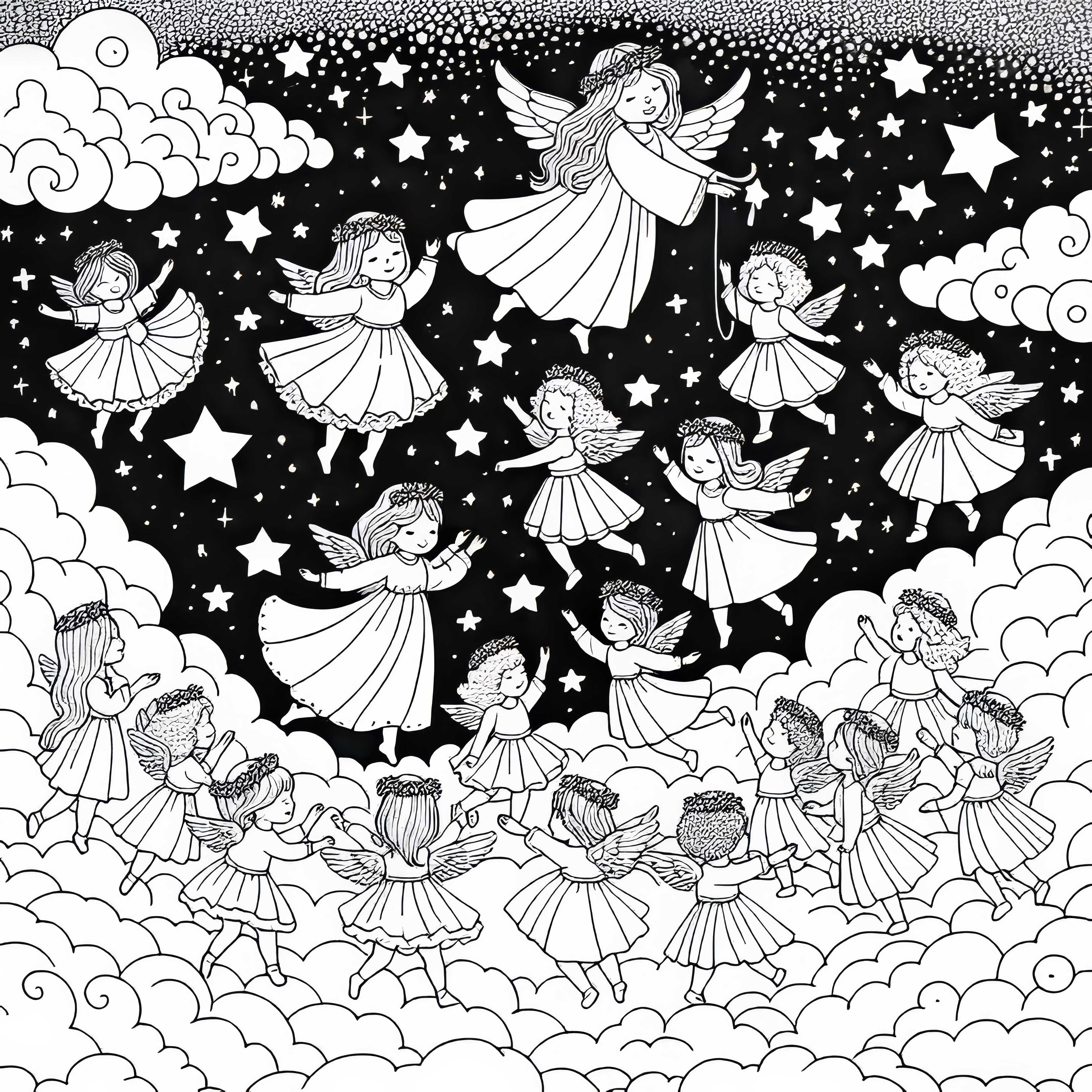 Himmelrike: Barn danser p&aring; fluffy skylier mellom stjernene &ndash; Malebilde gratis